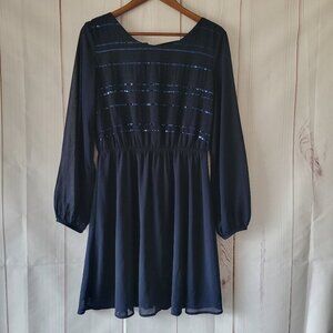 LA Los Angeles Sequins Midi Women’s L Dress, 70% Silk, Navy Blue, Sheer Sleeve